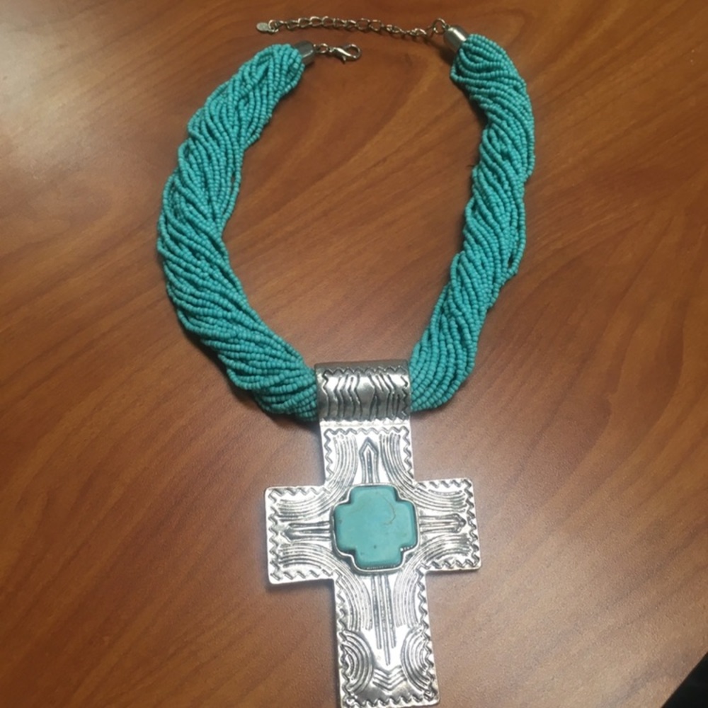 Silver & Turquoise Cross Beaded Western Necklace